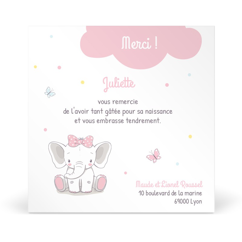 Carte de Remerciement de Naissance Fille Thème Classique